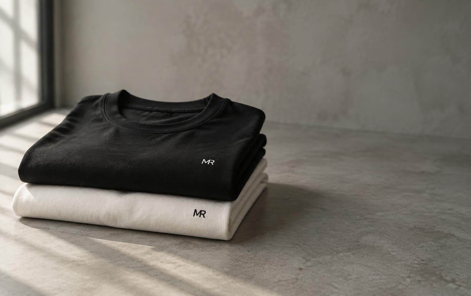 Folded stack of black and off-white Majorka tees on concrete