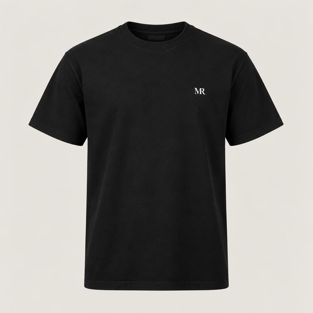 MR Logo Tee in black, front with small MR chest mark