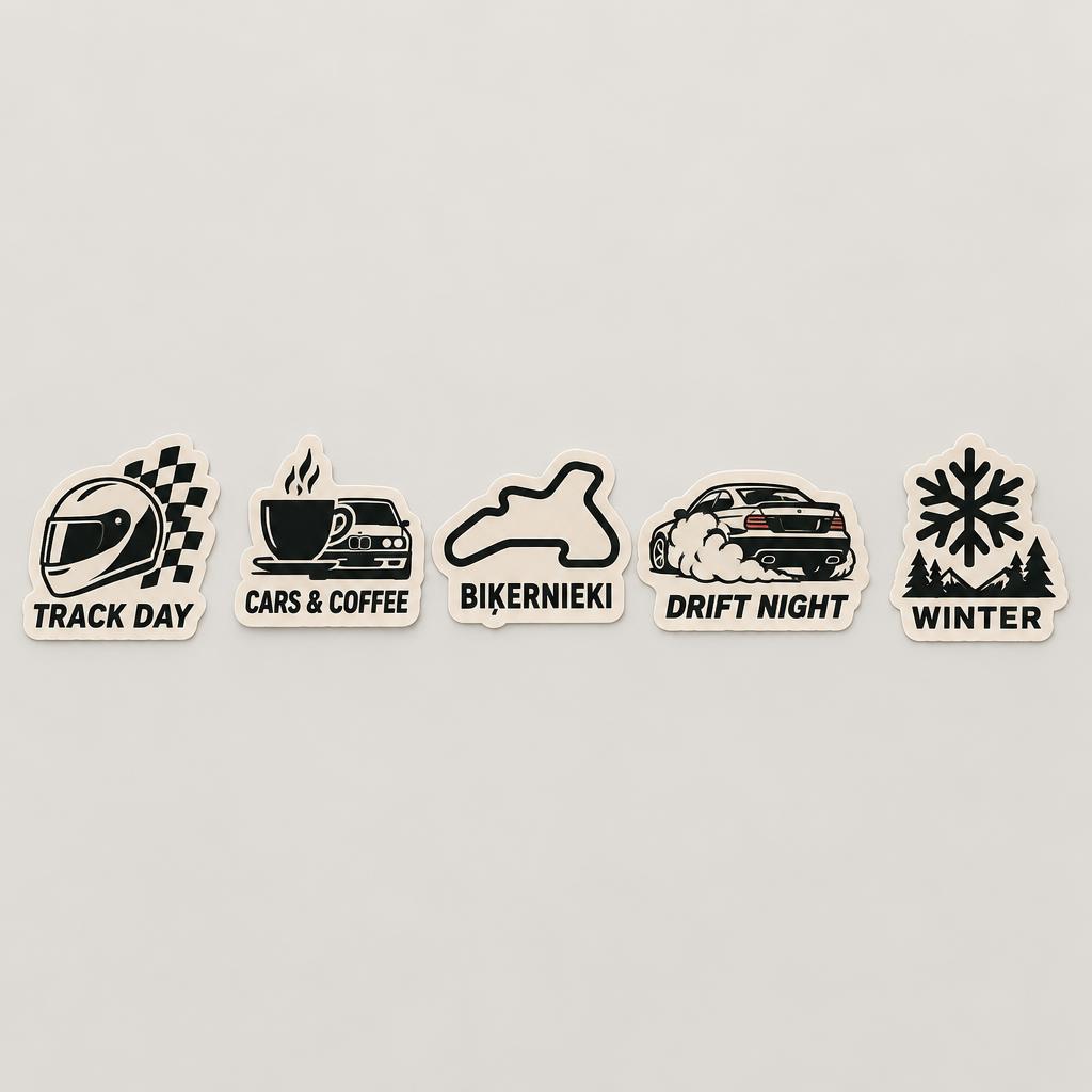 Five mini stickers: Track Day, Cars & Coffee, Biķernieki, Drift Night, Winter